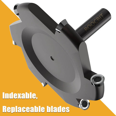 Close-up view of Spoilboard Surfacing Router Bit With 6 Flute Half Inch Shank 4 Inch Cutting Diameter Carbide Insert Slab.