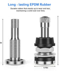 TR416 tire valve stems, brass, 1-1/2 in Schrader; two views shown: bare threaded stem and installed valve with knurled cap.