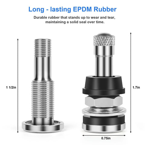 TR416 tire valve stems, brass, 1-1/2 in Schrader; two views shown: bare threaded stem and installed valve with knurled cap.
