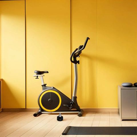 Get Your Gym Session Rocking With 4 Heavy Duty Pull Pin Springs For Exercise Bikes And Training Gear, Sturdy Iron And Abs Steel Height Adjust Locks That Are Easy To Install And Built To Last A Long Time. Exercise bike in a bright yellow room with a tension knob.