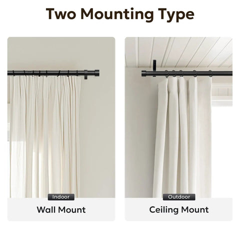 Two mounting types of Heavy Duty 1 Inch Curtain Rod Adjustable 32 To 120 Inches Black Indoor Outdoor Drapery Pole.