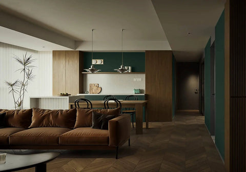 Elegant living room with Emerald Dark Skin Peel And Stick Wallpaper Self Adhesive Wall Covering For Renters, brown sofa and modern decor.