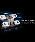 Hidden Hinges Set 2 Pack 304 Stainless Steel Discreet Invisible Folding Door Hinges close-up on black background
