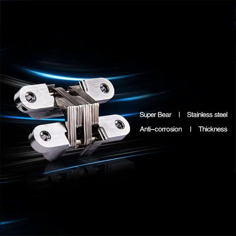 Hidden Hinges Set 2 Pack 304 Stainless Steel Discreet Invisible Folding Door Hinges close-up on black background
