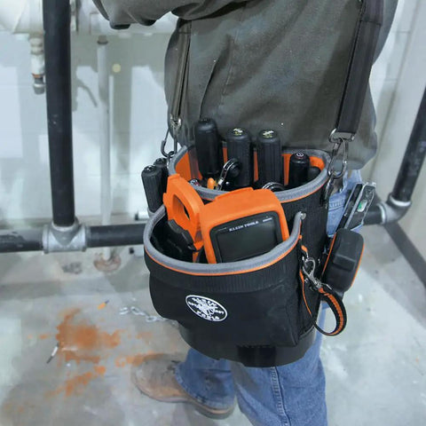 14 Pocket Tool Bag With Shoulder Strap Fits Long Screwdrivers Built Tough With 1680D Ballistic Weave in use on jobsite