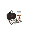 8V Max Cordless Drill And 57 Piece Home Tool Kit With Storage Bag, Compact And Lightweight Mid Handle Design, Keyless Chuck, LED Work Light, Micro USB Charger, Includes 57 Tools And Accessories For Quick DIY Fixes in black bag.