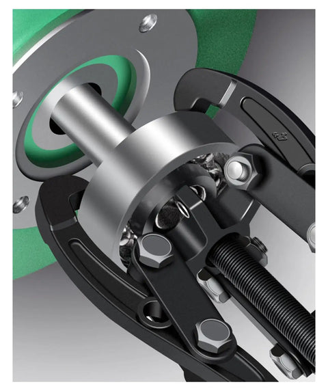 Close-up of Beefy 3 Jaw Gear Puller for Large Machinery with Carbon Steel Construction and Heat Treated Claws in action
