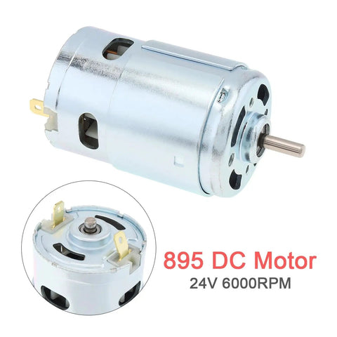 895 High Torque DC Motor Equipped With Dual Ball Bearings Running On 12V Or 24V Pulling 3000 To 6000 Rpm close-up showing motor terminals.
