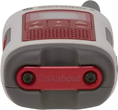 Two Way Radio Duo Pack For Outdoor Prepper Ready With 22 Channels And 35 Mile Range T482 Talkabout IP54 Weatherproof Rechargeable Built In Flashlight White And Red LEDs Red Cross Emergency Prep White With Red Accents 2 Pack