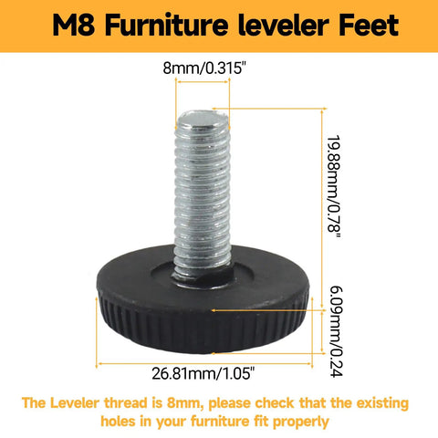 Threaded Adjustable Leveling Feet M8 12 Pack For Furniture Tables Chairs Cabinets And Stools Galvanized Steel With Black Finish