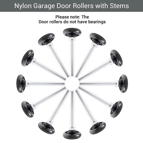1 3/4 Inch Nylon Garage Door Rollers With 4 Inch Stems No Bearings Zinc Plated 12 Pack arranged in a circle