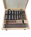 Keyway Broach Set 30 Pcs HSS Inch Industrial Lathe Tools with 5 Keyway Sizes in open wooden case, showing collared bushings