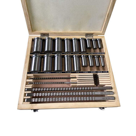 Keyway Broach Set 30 Pcs HSS Inch Industrial Lathe Tools with 5 Keyway Sizes in open wooden case, showing collared bushings