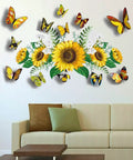 Sunflower Wall Stickers With 3D Butterflies Set above a sofa showing yellow flower wall decal and waterproof vinyl decor.
