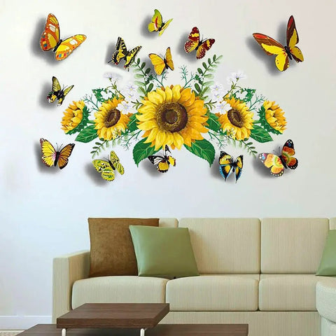 Sunflower Wall Stickers With 3D Butterflies Set above a sofa showing yellow flower wall decal and waterproof vinyl decor.