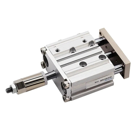 MGPM Series Heavy Duty Pneumatic Cylinder With Adjustable Stroke And Rod Mounted Guide Slick Three Axis Air Actuator built with a silver aluminum body.