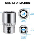 Size details of Six Piece 14 Millimeter Shallow Socket Set With Three Eighths Inch Drive, Six Point Design For A Beefy Grip On Tough Fasteners.