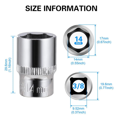 Size details of Six Piece 14 Millimeter Shallow Socket Set With Three Eighths Inch Drive, Six Point Design For A Beefy Grip On Tough Fasteners.