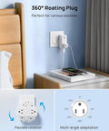 Super Sleek 4 Outlet Surge Protector With 360 Rotating Head And Space Saving Design White Power Strip Extender near bed with phone charging.