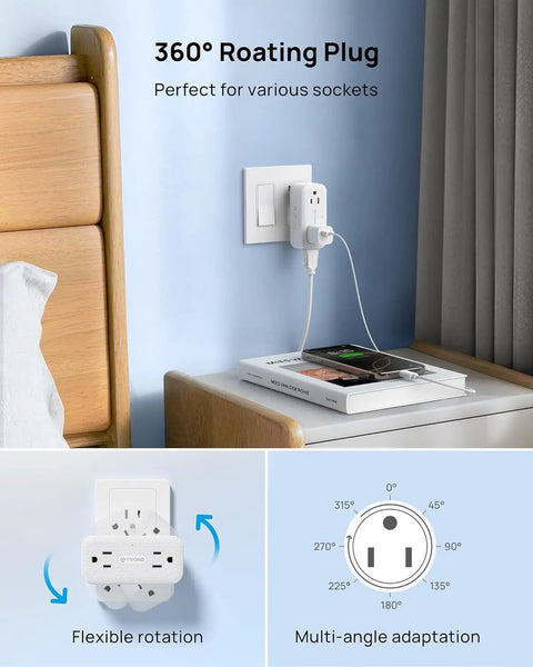 Super Sleek 4 Outlet Surge Protector With 360 Rotating Head And Space Saving Design White Power Strip Extender near bed with phone charging.