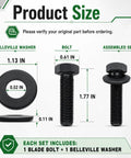 Six Sets Blade Bolts And Belleville Washer Kit For Mower Blade Replacement, 12 Pieces Total, Great Value Replacement For Toro Exmark TimeMaster Recycler, 7/16-20 Thread. Product size chart with bolt and washer dimensions