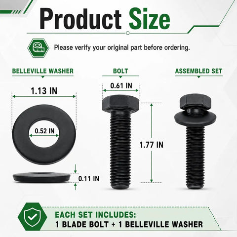 Six Sets Blade Bolts And Belleville Washer Kit For Mower Blade Replacement, 12 Pieces Total, Great Value Replacement For Toro Exmark TimeMaster Recycler, 7/16-20 Thread. Product size chart with bolt and washer dimensions