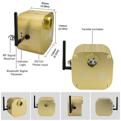 Twinkle Fiber Optic Starlight Box Kickin Sound Activated RGBW Light Engine with RF and Bluetooth Receivers, gold-colored.