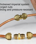 2 Pack Copper Pipe Extension Joint Connectors For Air Conditioning Lines Quick Connect Flare Nut Adapters For Three Eighths Inch And One Quarter Inch Copper Tubes No Weld DIY Friendly HVAC Piping Tighten With Wrench Durable And Reliable with brass fittings displayed.