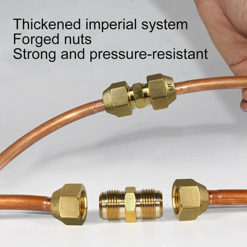 2 Pack Copper Pipe Extension Joint Connectors For Air Conditioning Lines Quick Connect Flare Nut Adapters For Three Eighths Inch And One Quarter Inch Copper Tubes No Weld DIY Friendly HVAC Piping Tighten With Wrench Durable And Reliable with brass fittings displayed.