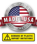 "Made in the USA" badge with an American flag and warning about plastic import imitations.