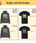 Comparison of Dark T Shirt Heat Transfer Paper results on black hoodies and t-shirts showing bright vs dull print quality.