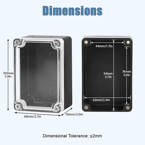 Rugged Outdoor Electrical Junction Box IP65 Waterproof Dustproof ABS Plastic Enclosure With Clear Cover dimensions shown