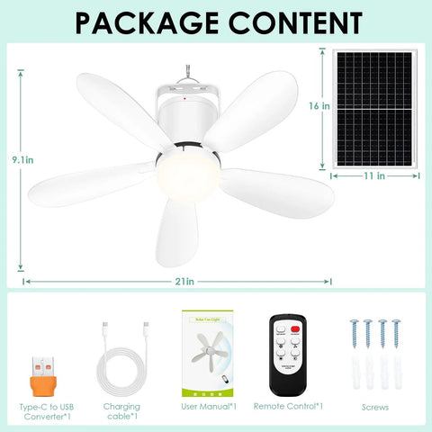 Outdoor Solar Ceiling Fan With Light 21 Inch Portable 30W with remote, solar panel, USB converter, and screws in package