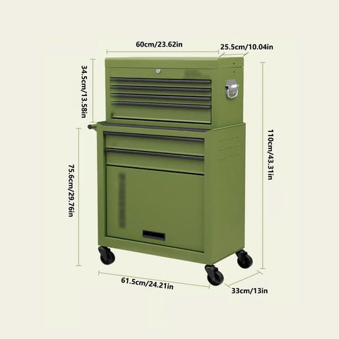 Seven Drawer Rolling Tool Cart On Wheels With Detachable Top And Mobile Storage Cabinet For Garage Workshop And Warehouse Built Tough In Cold Rolled Steel Green Finish, 110cm tall