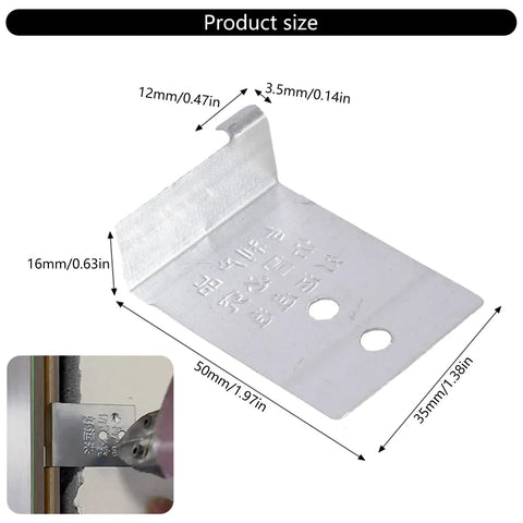 100 Pieces Door Frame Corner Fixer And Installation Bracket Set Stainless Steel with dimensions and installation view