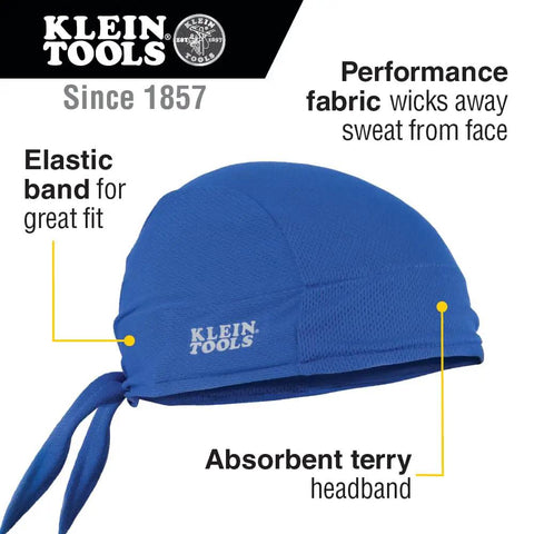 Cooling Bandana Sweat Wicking Skull Cap For Under Helmet Adjustable 2-Pack With Elastic Band Performance Fabric Machine Washable Headwear For Workouts Stay Dry And Feeling Fresh in blue with elastic tie, absorbent terry lining.