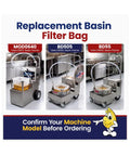 Replacement Basin Filter Bag for No Stress Heavy Duty Electric Fryer Oil Filter for Restaurants, showing three models in a kitchen.