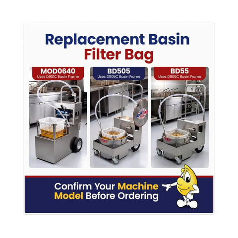 Replacement Basin Filter Bag for No Stress Heavy Duty Electric Fryer Oil Filter for Restaurants, showing three models in a kitchen.