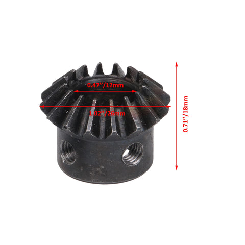 Tapered Bevel Pinion Gear With 12mm Hole Diameter, 45 Steel, 1.5 Module, 16 Teeth, with dimensions for industrial use.