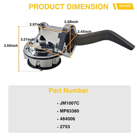 High Volume Mechanical Fuel Pump For Ford Small Block V8 221 260 289 302 351W Chrome, 80-150 GPH, 6-8 PSI, dimensions visible