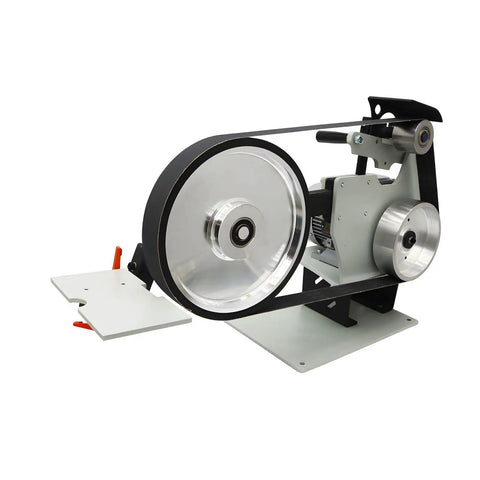 Heavy Duty 2 By 72 Inch Belt Sander Knife Grinder With Variable Speed Polisher showing metal body and large drive wheel.