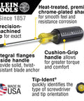 7 Piece Screwdriver Set With Non Slip Cushion Grip Handles And Tip Ident For Slotted And Phillips Drivers, Includes Cabinet Tip And Keystone Tips, Chrome Plated Blades For Durability And Corrosion Resistance, showing features like precision-machined tip and cushion-grip handle.