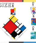 Front view of Mondrian-inspired double-sided microfiber glasses cleaning cloth set with clip, 15×17 cm