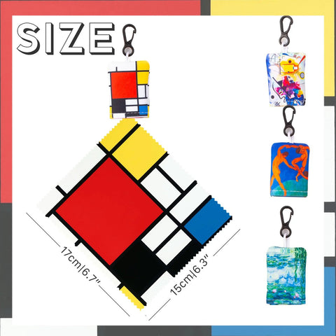 Front view of Mondrian-inspired double-sided microfiber glasses cleaning cloth set with clip, 15×17 cm
