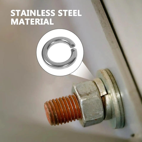 Close-up of stainless steel spring washer in use with bolt for Stainless Steel Spring Washer Kit 200 Pcs For Screws And Bolts Pro Grade.