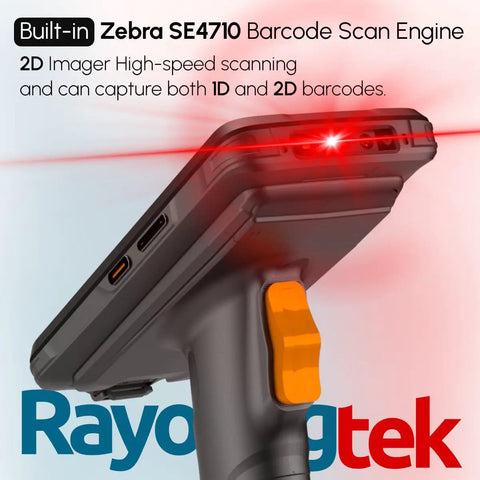 Workhorse Android Barcode Scanner With Pistol Grip Equipped With SE4710 Engine showing laser scanning feature