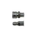 Two metal 1/2 in quick-connect adapters with male threads and protective caps for pressure washers.