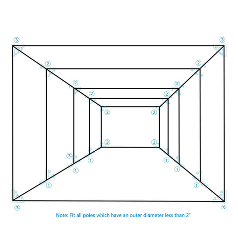 Diagram showing layout of a 2 Inch Baseball Batting Cage Frame Corner Kit For 55 Foot Cage Connectors Set, fitting 2 inch pipe.
