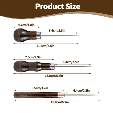 Badass Professional Grade Three Pack Leather Awl Tools With Grippy Gourd Shaped Wooden Handles size chart and dimensions.