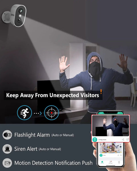 Wireless Outdoor Security Camera 2K 3MP Battery Powered With AI Motion Detection in action with spotlight and mobile alerts